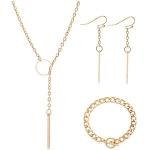 🟨3pcs Minimalist Y Shape Gold Jewelry Set - Necklace, Earrings, Bracelet